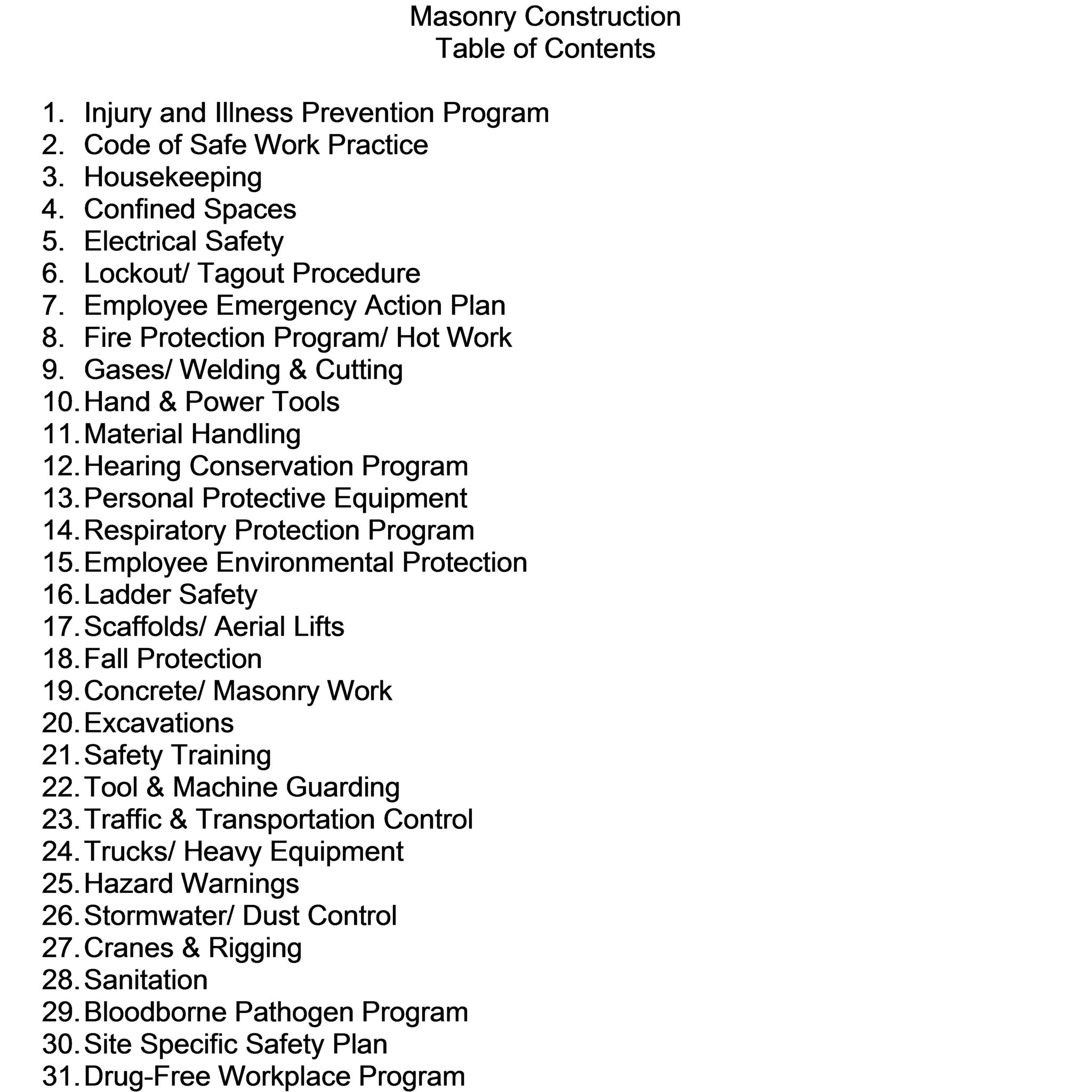 Masonry Safety & Health Program Manual Plan Sunshine Safety Services